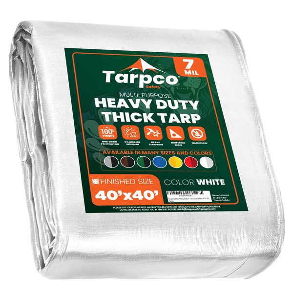 Tarpco Safety Heavy Duty Tarp, 40 ft L x 0.5 mm H x 40 ft W, 7 Mil, White, Polyethylene TS-204-40X40 - main